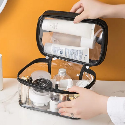 CLEAR MAKEUP BAG WITH ORGANISER STORAGE COMPARTMENT