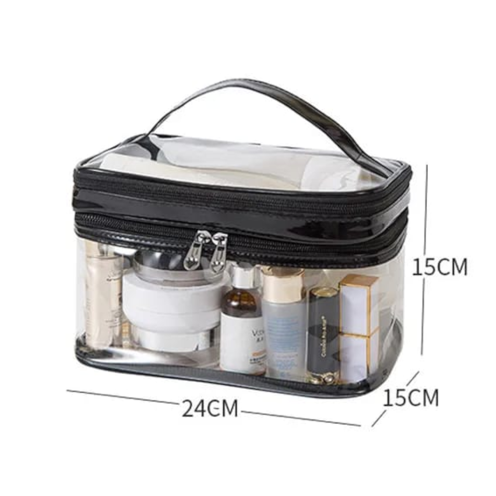 CLEAR MAKEUP BAG WITH ORGANISER STORAGE COMPARTMENT